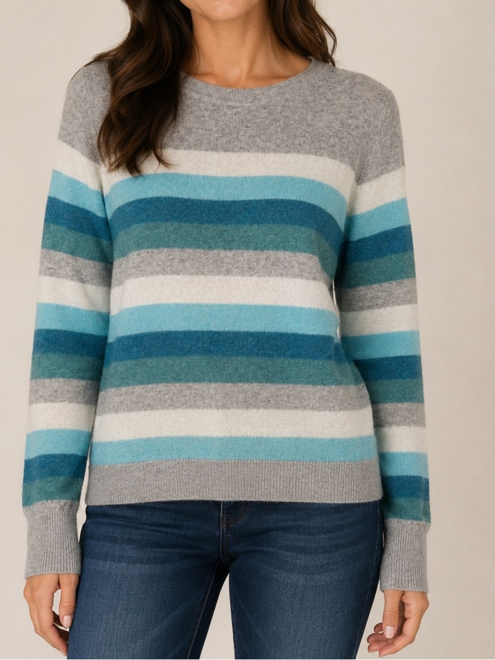 100% 2-Ply Cashmere C&C California Striped Sweater Size L Blue Gray Teal